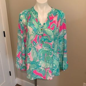 Lilly Pulitzer silk peasant top teal pink & white